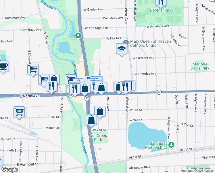 map of restaurants, bars, coffee shops, grocery stores, and more near 319 Shady Lane in Elmhurst