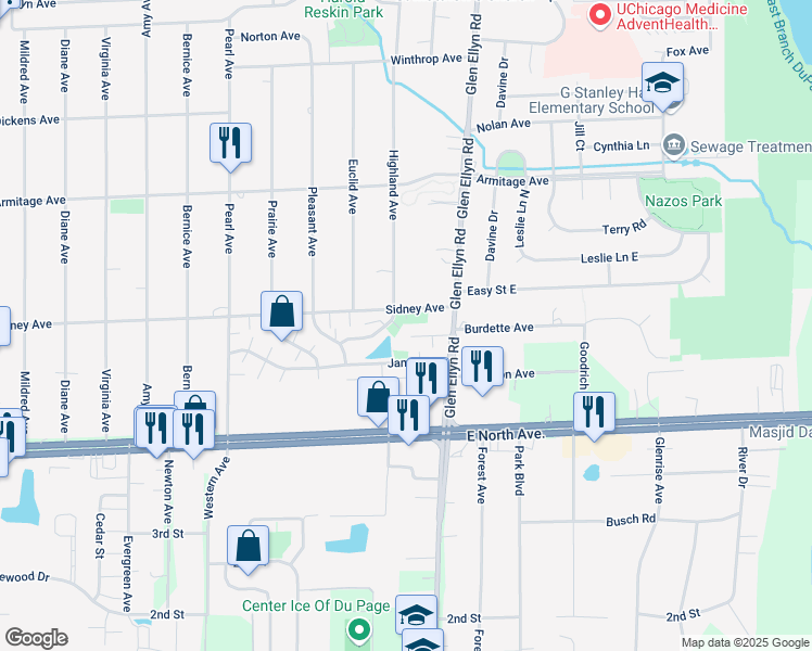 map of restaurants, bars, coffee shops, grocery stores, and more near 535A Darlene Lane in Glendale Heights