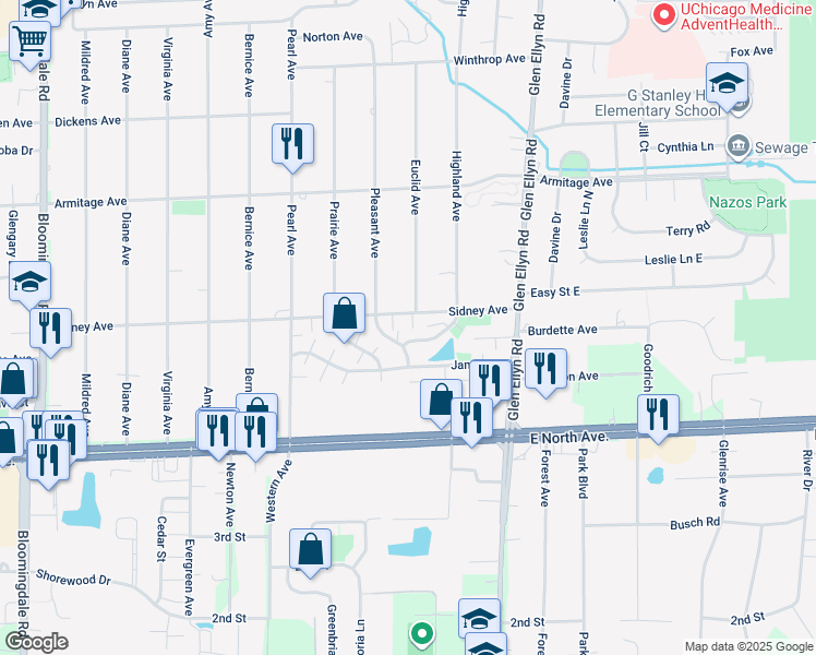 map of restaurants, bars, coffee shops, grocery stores, and more near 501C Sidney Avenue in Glendale Heights