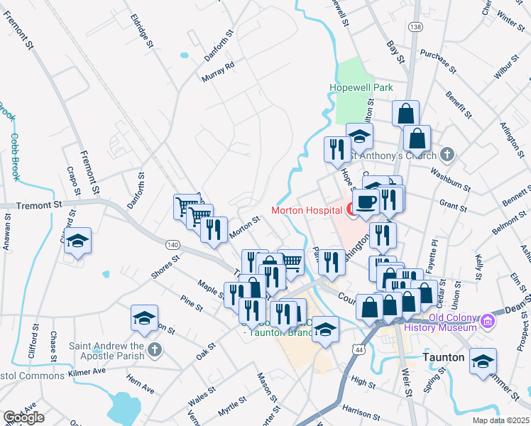 map of restaurants, bars, coffee shops, grocery stores, and more near 43 Chandler Avenue in Taunton