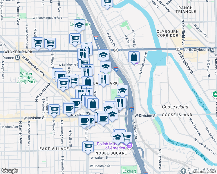 map of restaurants, bars, coffee shops, grocery stores, and more near 1441 West Blackhawk Street in Chicago