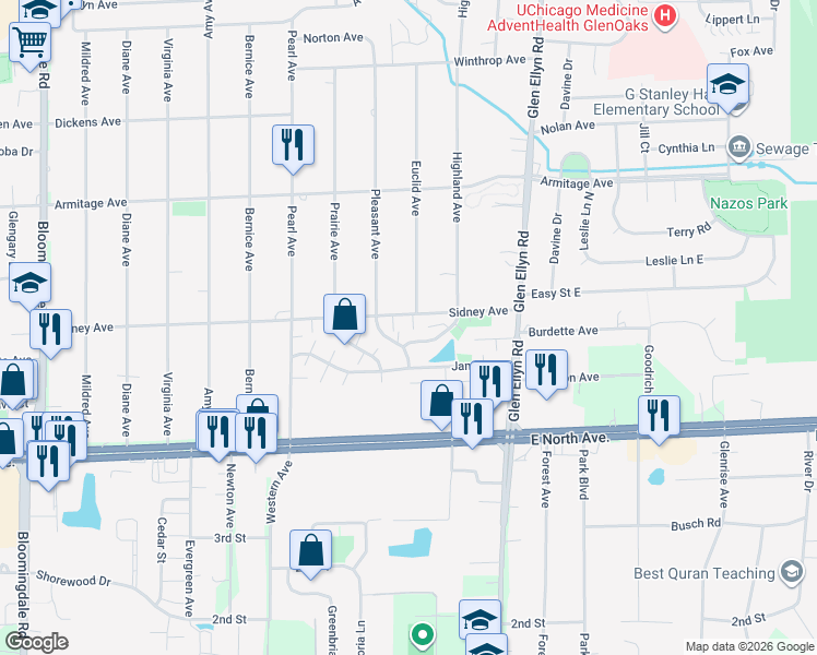 map of restaurants, bars, coffee shops, grocery stores, and more near 501C Sidney Avenue in Glendale Heights