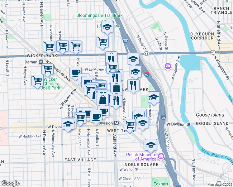 map of restaurants, bars, coffee shops, grocery stores, and more near in Chicago