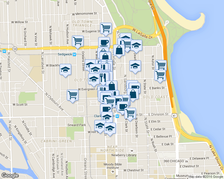 map of restaurants, bars, coffee shops, grocery stores, and more near 1330 North LaSalle Street in Chicago
