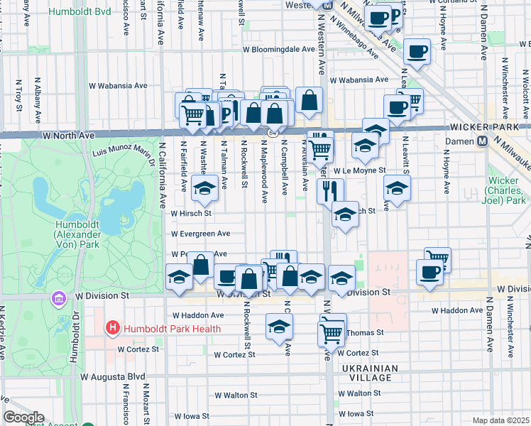 map of restaurants, bars, coffee shops, grocery stores, and more near N Maplewood Ave & W Hirsch St in Chicago