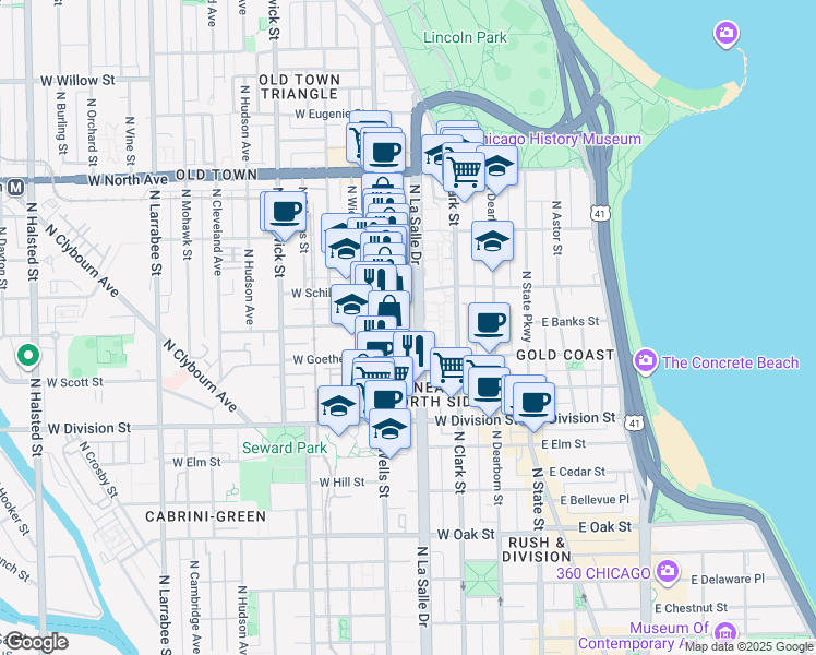 map of restaurants, bars, coffee shops, grocery stores, and more near 1330 North LaSalle Street in Chicago