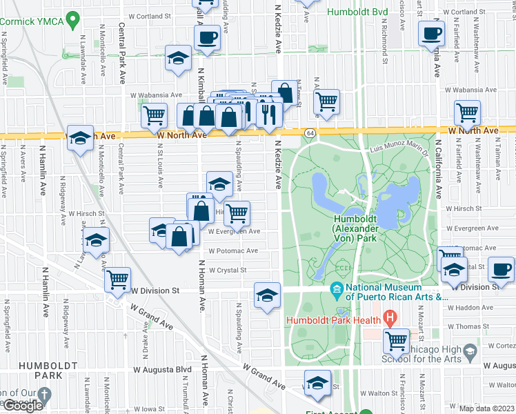 map of restaurants, bars, coffee shops, grocery stores, and more near 3230 West Hirsch Street in Chicago