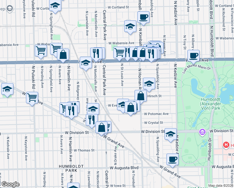 map of restaurants, bars, coffee shops, grocery stores, and more near 3516 West Hirsch Street in Chicago