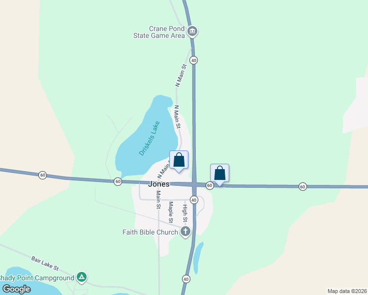 map of restaurants, bars, coffee shops, grocery stores, and more near 61356 North Main Street in Jones