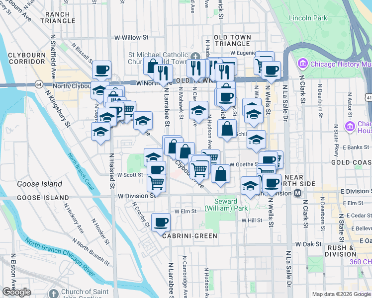 map of restaurants, bars, coffee shops, grocery stores, and more near 1347 North Mohawk Street in Chicago