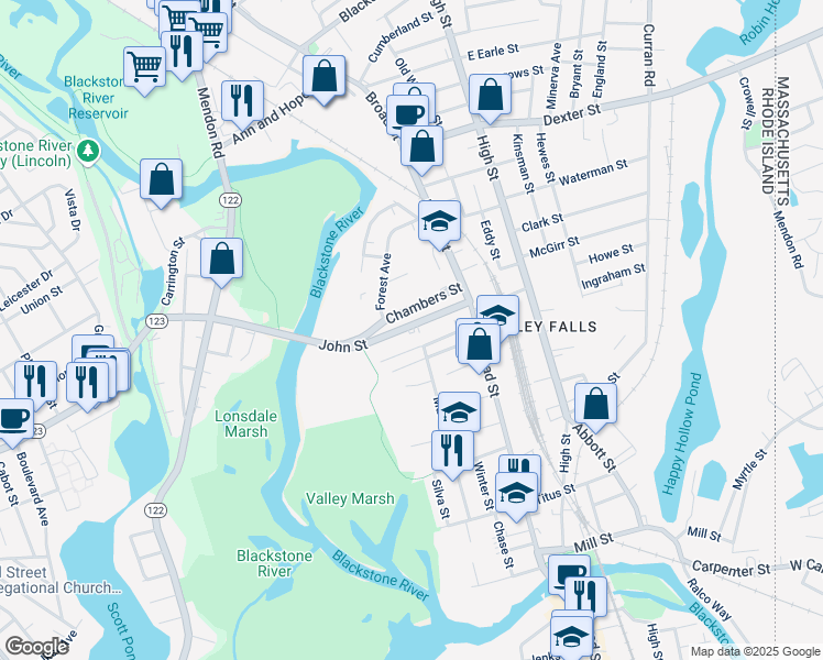 map of restaurants, bars, coffee shops, grocery stores, and more near 41 John Street in Cumberland