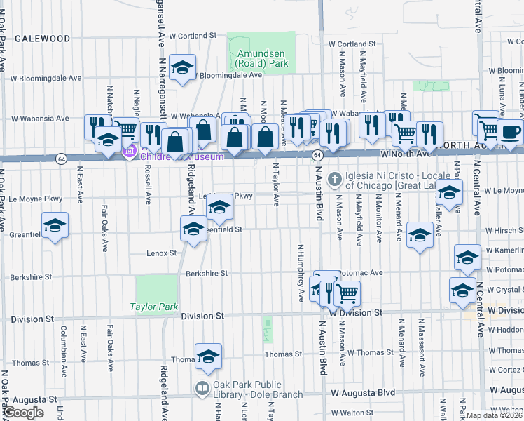 map of restaurants, bars, coffee shops, grocery stores, and more near 103 Le Moyne Parkway in Oak Park