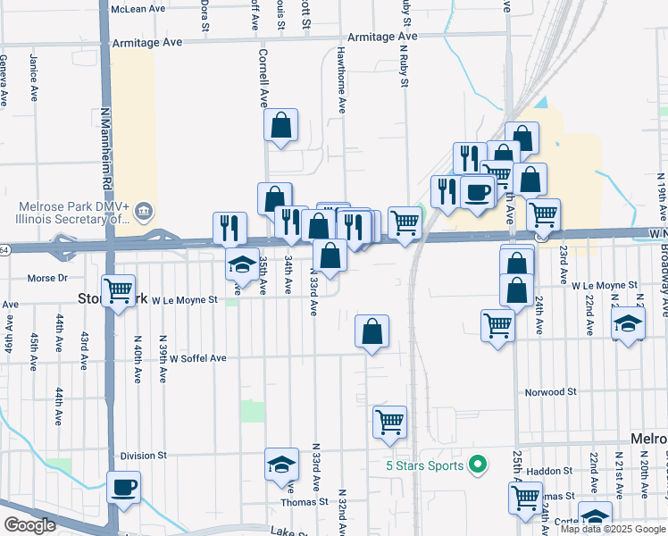 map of restaurants, bars, coffee shops, grocery stores, and more near 1824 North 32nd Avenue in Stone Park