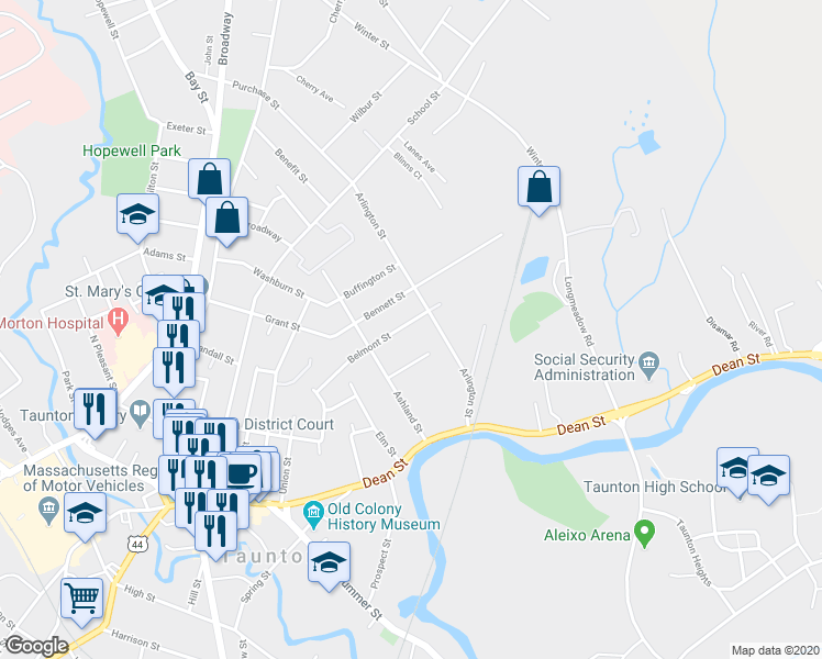 map of restaurants, bars, coffee shops, grocery stores, and more near 119 Belmont Street in Taunton