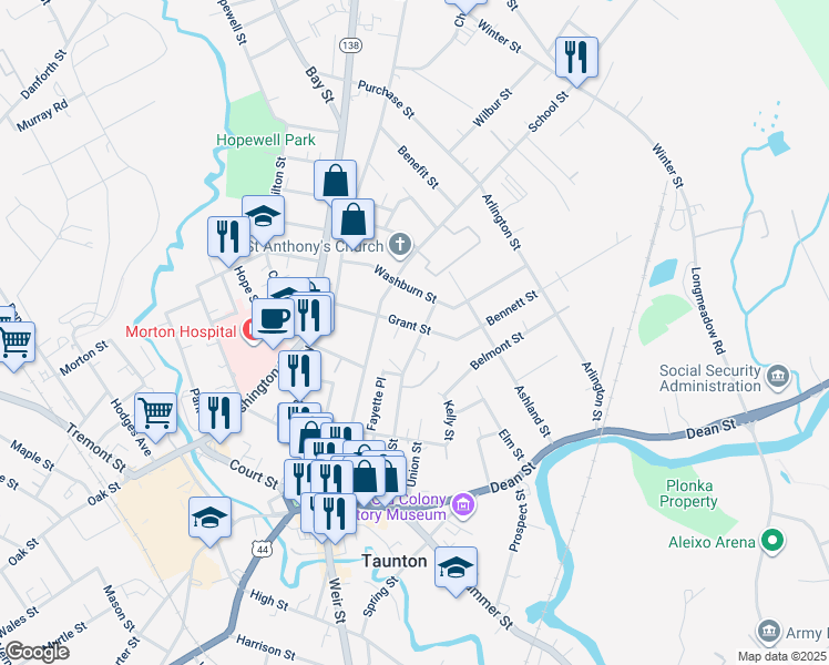 map of restaurants, bars, coffee shops, grocery stores, and more near 28 Grant Street in Taunton