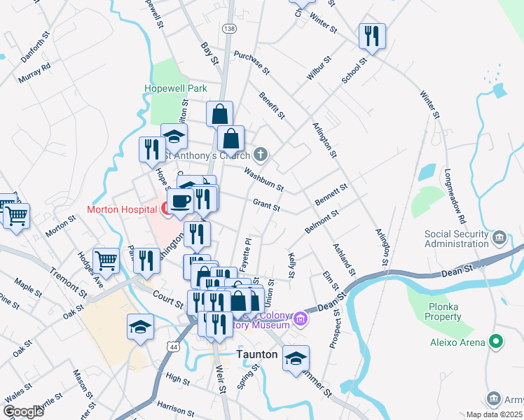 map of restaurants, bars, coffee shops, grocery stores, and more near 28 Grant Street in Taunton