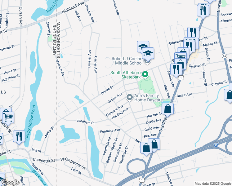 map of restaurants, bars, coffee shops, grocery stores, and more near 7375 Laurier Avenue in Attleboro