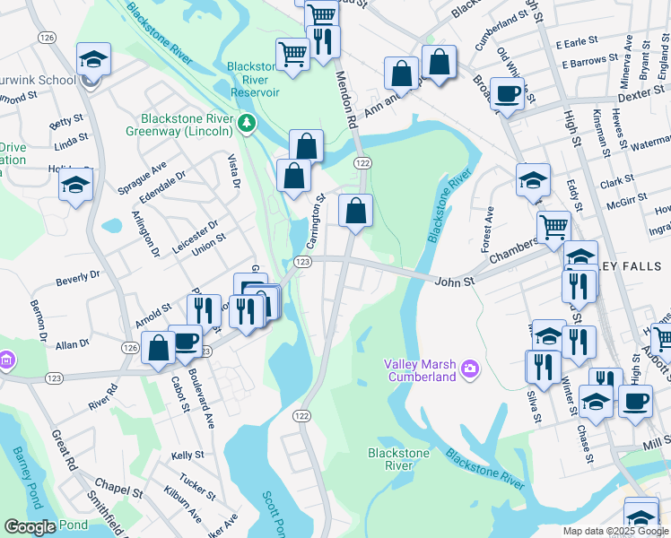 map of restaurants, bars, coffee shops, grocery stores, and more near 109 Lonsdale Main Street in Lincoln