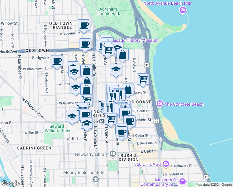 map of restaurants, bars, coffee shops, grocery stores, and more near 1337 North Dearborn Parkway in Chicago