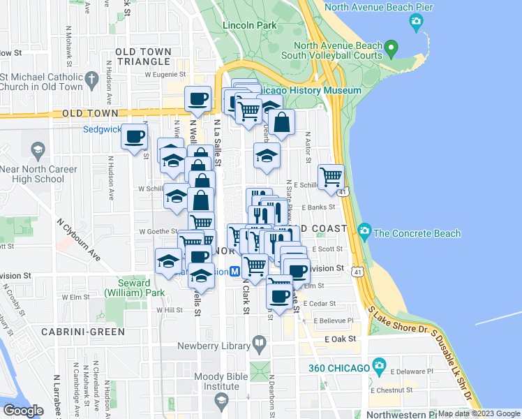 map of restaurants, bars, coffee shops, grocery stores, and more near 1337 North Dearborn Parkway in Chicago