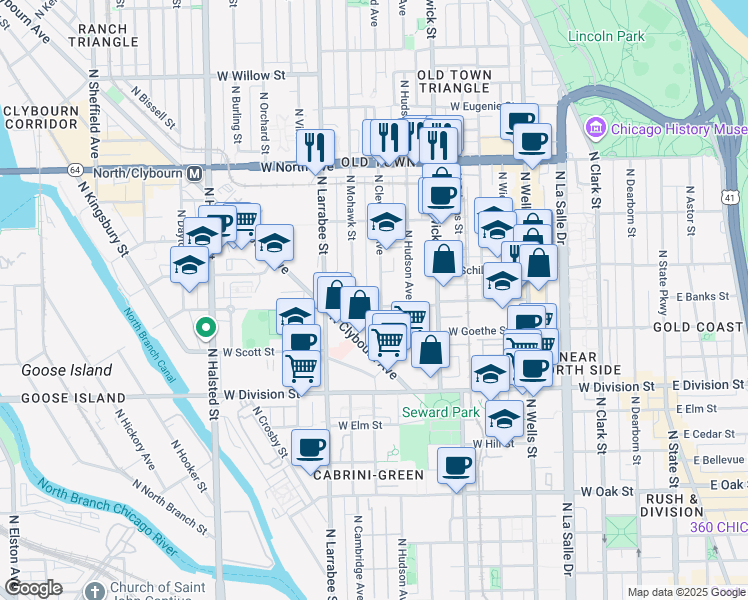 map of restaurants, bars, coffee shops, grocery stores, and more near 1349 North Cleveland Avenue in Chicago