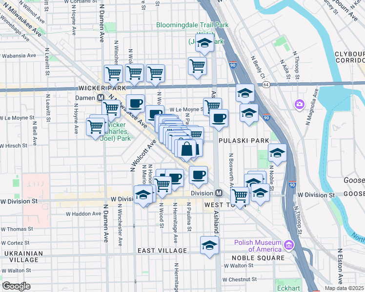 map of restaurants, bars, coffee shops, grocery stores, and more near 1353 North Dean Street in Chicago