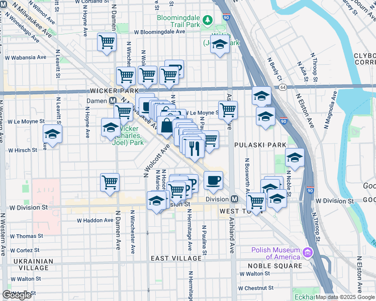 map of restaurants, bars, coffee shops, grocery stores, and more near 1383 North Milwaukee Avenue in Chicago