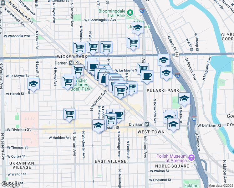 map of restaurants, bars, coffee shops, grocery stores, and more near 1383 North Milwaukee Avenue in Chicago