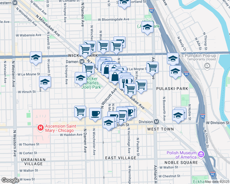 map of restaurants, bars, coffee shops, grocery stores, and more near 1376 North Wolcott Avenue in Chicago