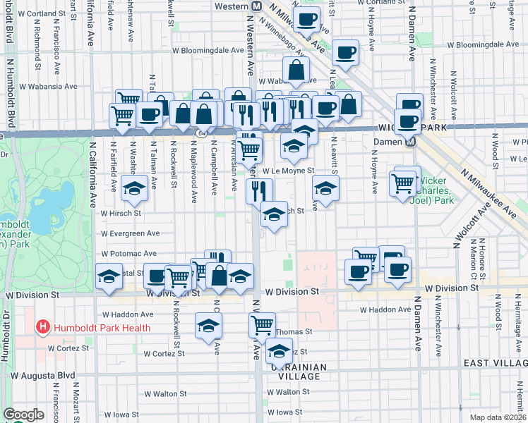 map of restaurants, bars, coffee shops, grocery stores, and more near in Chicago