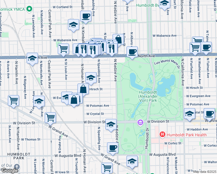 map of restaurants, bars, coffee shops, grocery stores, and more near 3227 West Beach Avenue in Chicago