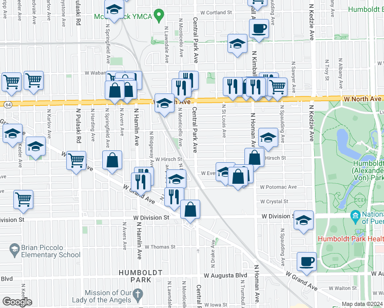 map of restaurants, bars, coffee shops, grocery stores, and more near 1420 North Central Park Avenue in Chicago