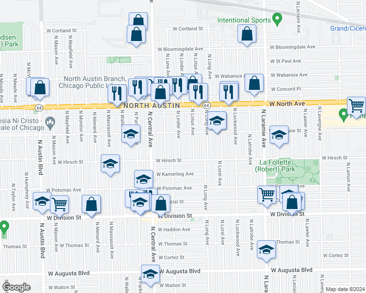 map of restaurants, bars, coffee shops, grocery stores, and more near 1438 North Linder Avenue in Chicago