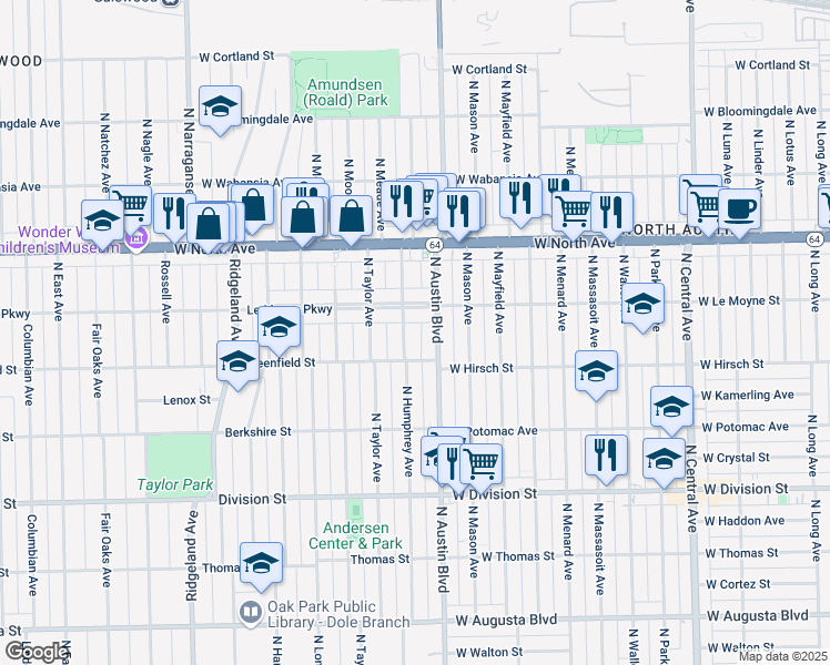 map of restaurants, bars, coffee shops, grocery stores, and more near 29 Le Moyne Parkway in Oak Park
