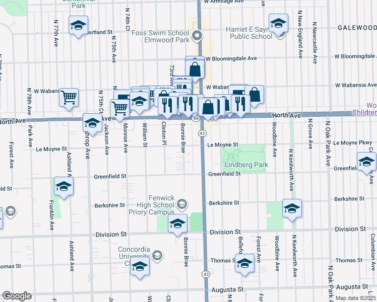 map of restaurants, bars, coffee shops, grocery stores, and more near 1447 Bonnie Brae in River Forest