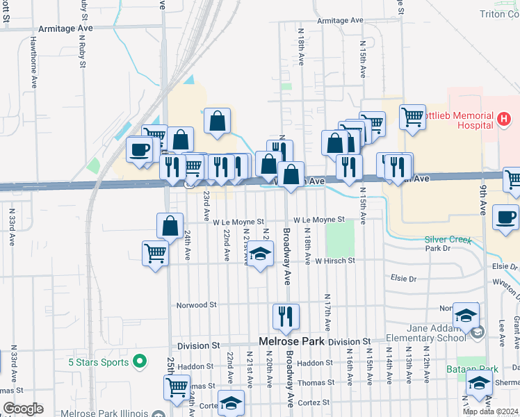 map of restaurants, bars, coffee shops, grocery stores, and more near 1823 North 20th Avenue in Melrose Park