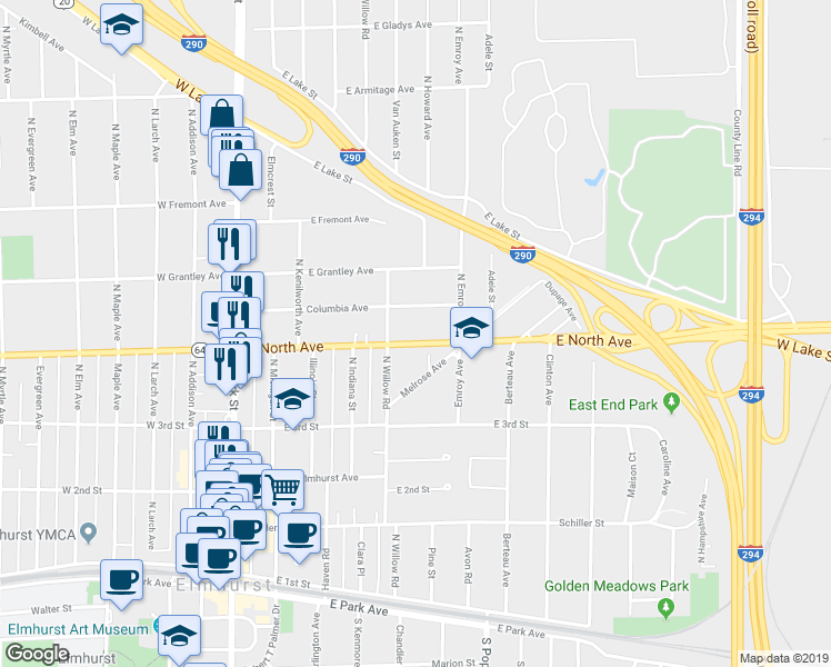 map of restaurants, bars, coffee shops, grocery stores, and more near 240 Columbia Avenue in Elmhurst