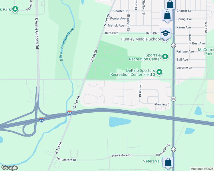 map of restaurants, bars, coffee shops, grocery stores, and more near 145 Heritage Drive in DeKalb
