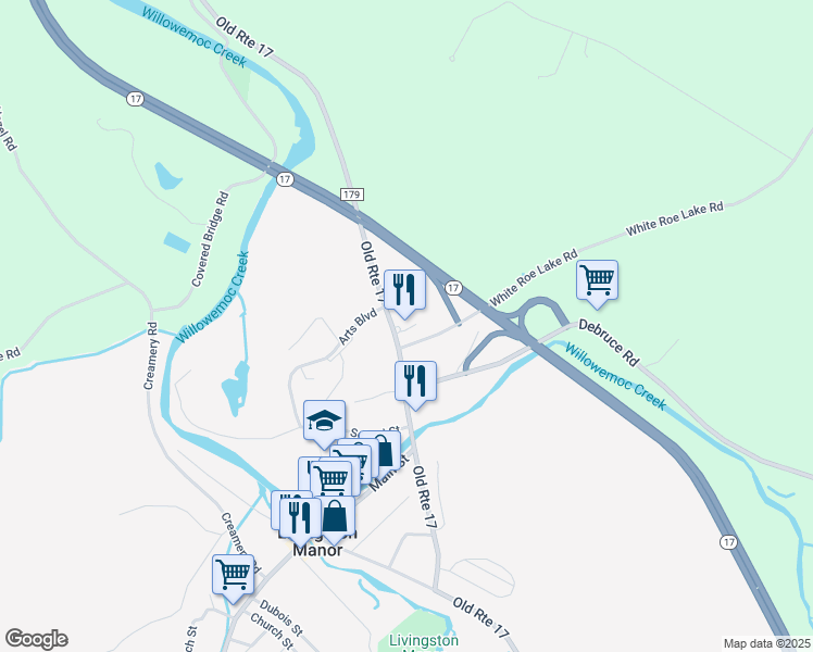 map of restaurants, bars, coffee shops, grocery stores, and more near 672 Old Route 17 in Livingston Manor