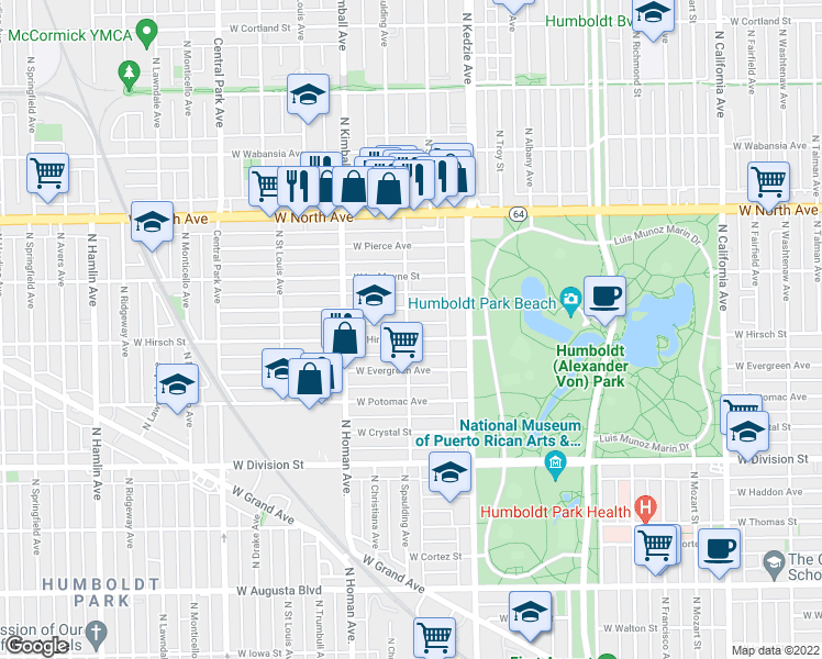 map of restaurants, bars, coffee shops, grocery stores, and more near in Chicago