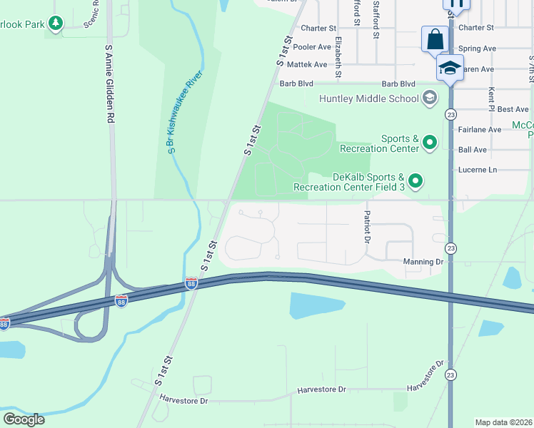 map of restaurants, bars, coffee shops, grocery stores, and more near 145 Heritage Drive in DeKalb
