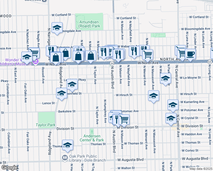 map of restaurants, bars, coffee shops, grocery stores, and more near 29 Le Moyne Parkway in Oak Park
