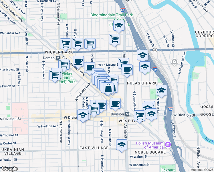 map of restaurants, bars, coffee shops, grocery stores, and more near 1340 North Dean Street in Chicago
