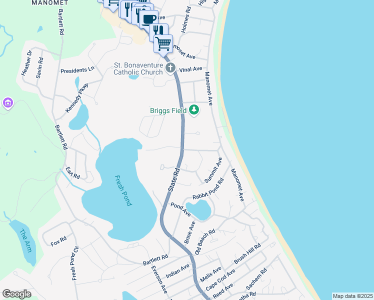 map of restaurants, bars, coffee shops, grocery stores, and more near 12 Winslow Avenue in Plymouth
