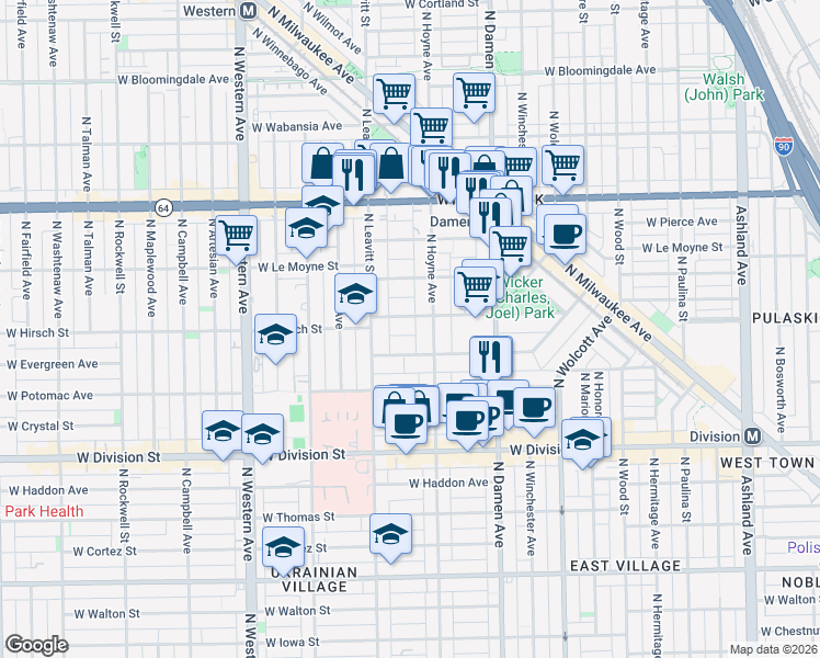 map of restaurants, bars, coffee shops, grocery stores, and more near 2121 West Schiller Street in Chicago