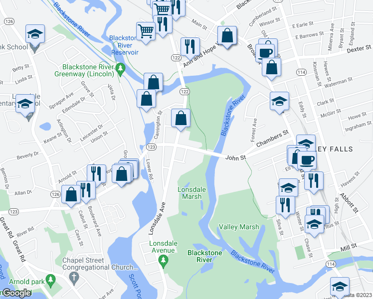 map of restaurants, bars, coffee shops, grocery stores, and more near 117 John Street in Lincoln