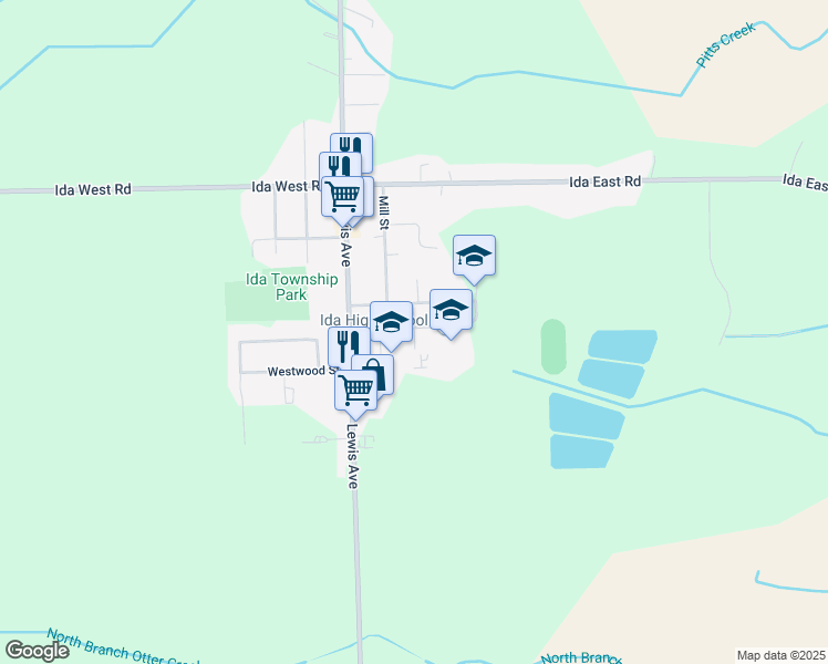 map of restaurants, bars, coffee shops, grocery stores, and more near 3143 Prairie Street in Ida