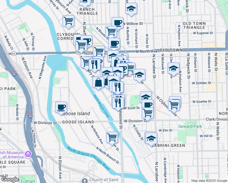 map of restaurants, bars, coffee shops, grocery stores, and more near 1415 North Dayton Street in Chicago