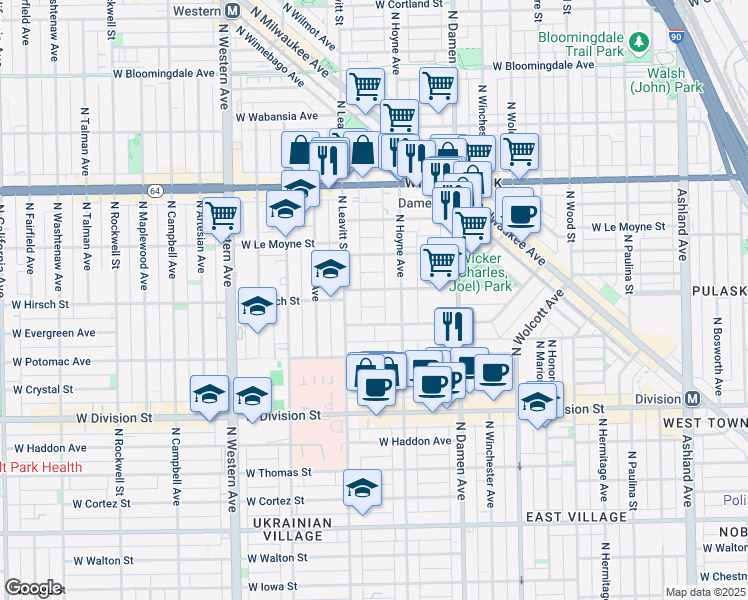map of restaurants, bars, coffee shops, grocery stores, and more near 2129 West Schiller Street in Chicago
