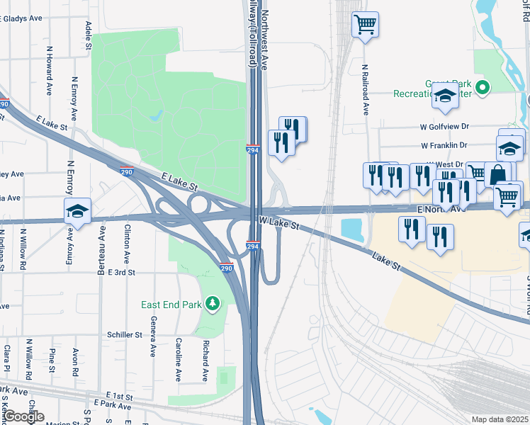 map of restaurants, bars, coffee shops, grocery stores, and more near 111 West North Avenue in Northlake